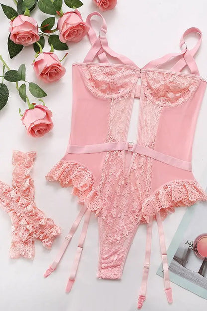 Sexy Pink Lace Mesh Bodysuit 3Pc Garter Lingerie Set W610