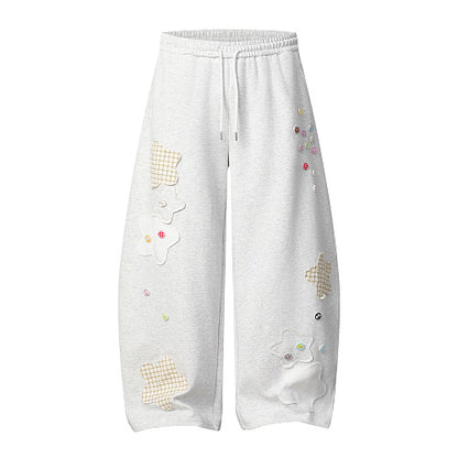 Floral Appliqué Wide Leg Drawstring Sweatpants Plaid Patch Elastic Waist Casual Streetwear Baggy Pants | Petal Patch
