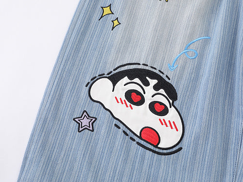 Cartoon Graphic Print Wide Leg Denim Shorts Plaid Patch Pocket Elastic Waist Casual Streetwear Baggy Jean Shorts | Shin Chan