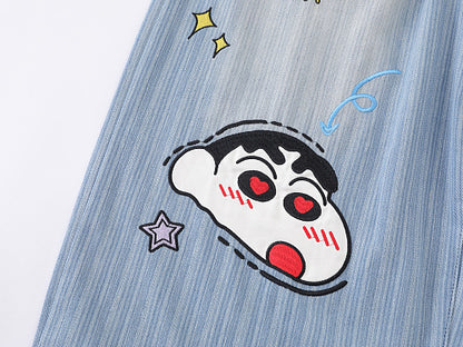 Cartoon Graphic Print Wide Leg Denim Shorts Plaid Patch Pocket Elastic Waist Casual Streetwear Baggy Jean Shorts | Shin Chan