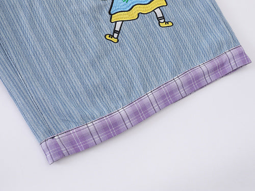 Cartoon Graphic Print Wide Leg Denim Shorts Plaid Patch Pocket Elastic Waist Casual Streetwear Baggy Jean Shorts | Shin Chan