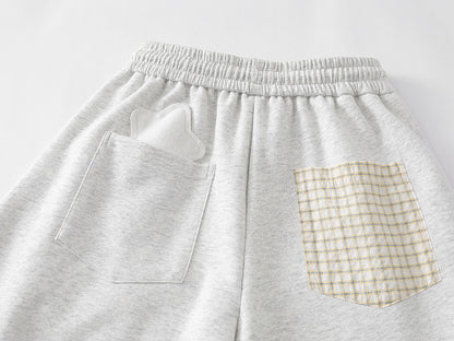 Floral Appliqué Wide Leg Drawstring Sweatpants Plaid Patch Elastic Waist Casual Streetwear Baggy Pants | Petal Patch