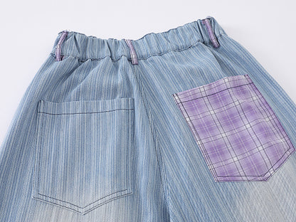Cartoon Graphic Print Wide Leg Denim Shorts Plaid Patch Pocket Elastic Waist Casual Streetwear Baggy Jean Shorts | Shin Chan