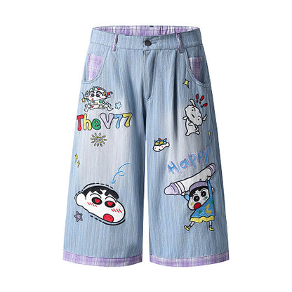 Cartoon Graphic Print Wide Leg Denim Shorts Plaid Patch Pocket Elastic Waist Casual Streetwear Baggy Jean Shorts | Shin Chan