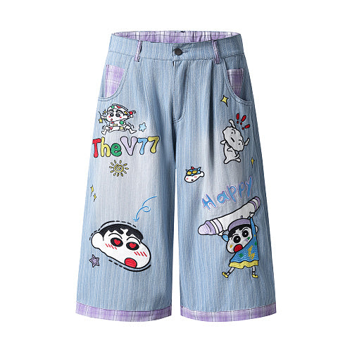 Shin Chan Cartoon Wide Leg Denim Shorts - Detail