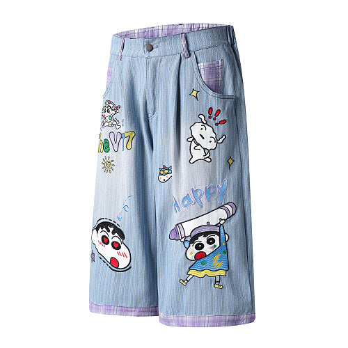 Shin Chan Cartoon Wide Leg Denim Shorts - Side View