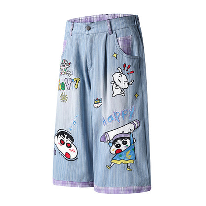 Cartoon Graphic Print Wide Leg Denim Shorts Plaid Patch Pocket Elastic Waist Casual Streetwear Baggy Jean Shorts | Shin Chan
