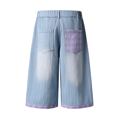 Cartoon Graphic Print Wide Leg Denim Shorts Plaid Patch Pocket Elastic Waist Casual Streetwear Baggy Jean Shorts | Shin Chan