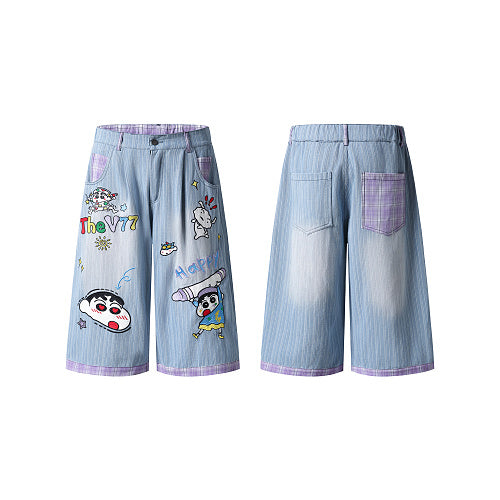 Shin Chan Cartoon Wide Leg Denim Shorts - Front and Back