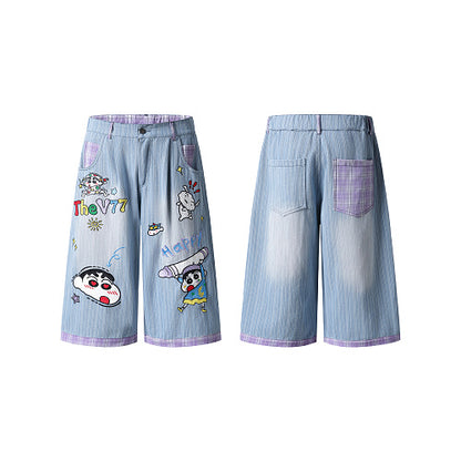 Cartoon Graphic Print Wide Leg Denim Shorts Plaid Patch Pocket Elastic Waist Casual Streetwear Baggy Jean Shorts | Shin Chan