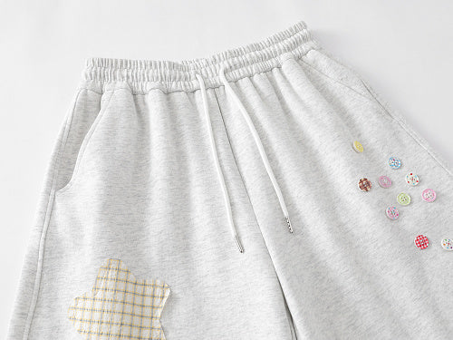 Floral Appliqué Wide Leg Drawstring Sweatpants Plaid Patch Elastic Waist Casual Streetwear Baggy Pants | Petal Patch