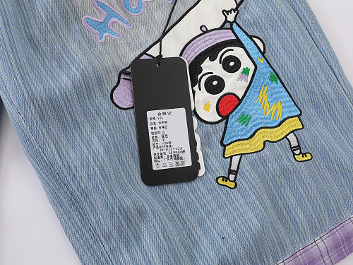 Cartoon Graphic Print Wide Leg Denim Shorts Plaid Patch Pocket Elastic Waist Casual Streetwear Baggy Jean Shorts | Shin Chan