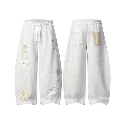 Floral Appliqué Wide Leg Drawstring Sweatpants Plaid Patch Elastic Waist Casual Streetwear Baggy Pants | Petal Patch