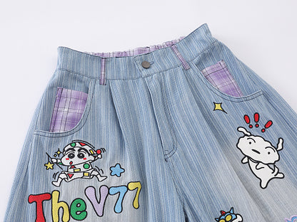 Cartoon Graphic Print Wide Leg Denim Shorts Plaid Patch Pocket Elastic Waist Casual Streetwear Baggy Jean Shorts | Shin Chan