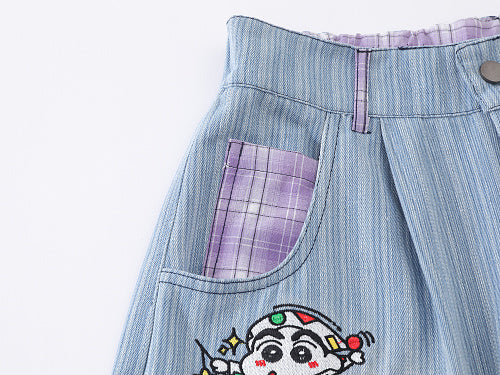 Cartoon Graphic Print Wide Leg Denim Shorts Plaid Patch Pocket Elastic Waist Casual Streetwear Baggy Jean Shorts | Shin Chan