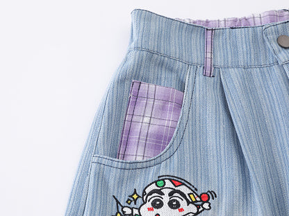 Cartoon Graphic Print Wide Leg Denim Shorts Plaid Patch Pocket Elastic Waist Casual Streetwear Baggy Jean Shorts | Shin Chan