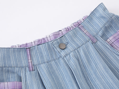 Cartoon Graphic Print Wide Leg Denim Shorts Plaid Patch Pocket Elastic Waist Casual Streetwear Baggy Jean Shorts | Shin Chan