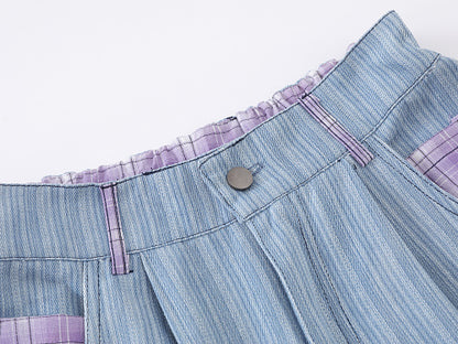 Cartoon Graphic Print Wide Leg Denim Shorts Plaid Patch Pocket Elastic Waist Casual Streetwear Baggy Jean Shorts | Shin Chan