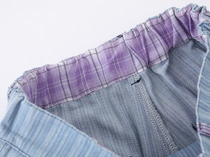 Cartoon Graphic Print Wide Leg Denim Shorts Plaid Patch Pocket Elastic Waist Casual Streetwear Baggy Jean Shorts | Shin Chan
