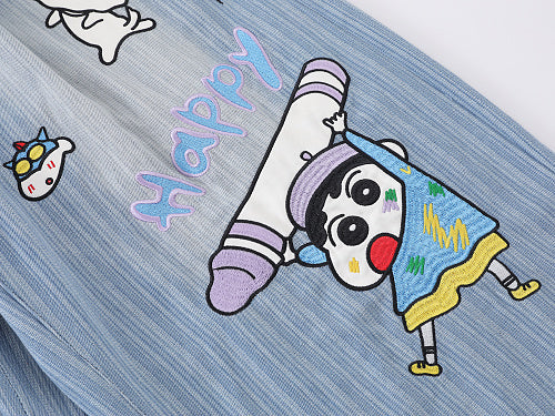 Cartoon Graphic Print Wide Leg Denim Shorts Plaid Patch Pocket Elastic Waist Casual Streetwear Baggy Jean Shorts | Shin Chan
