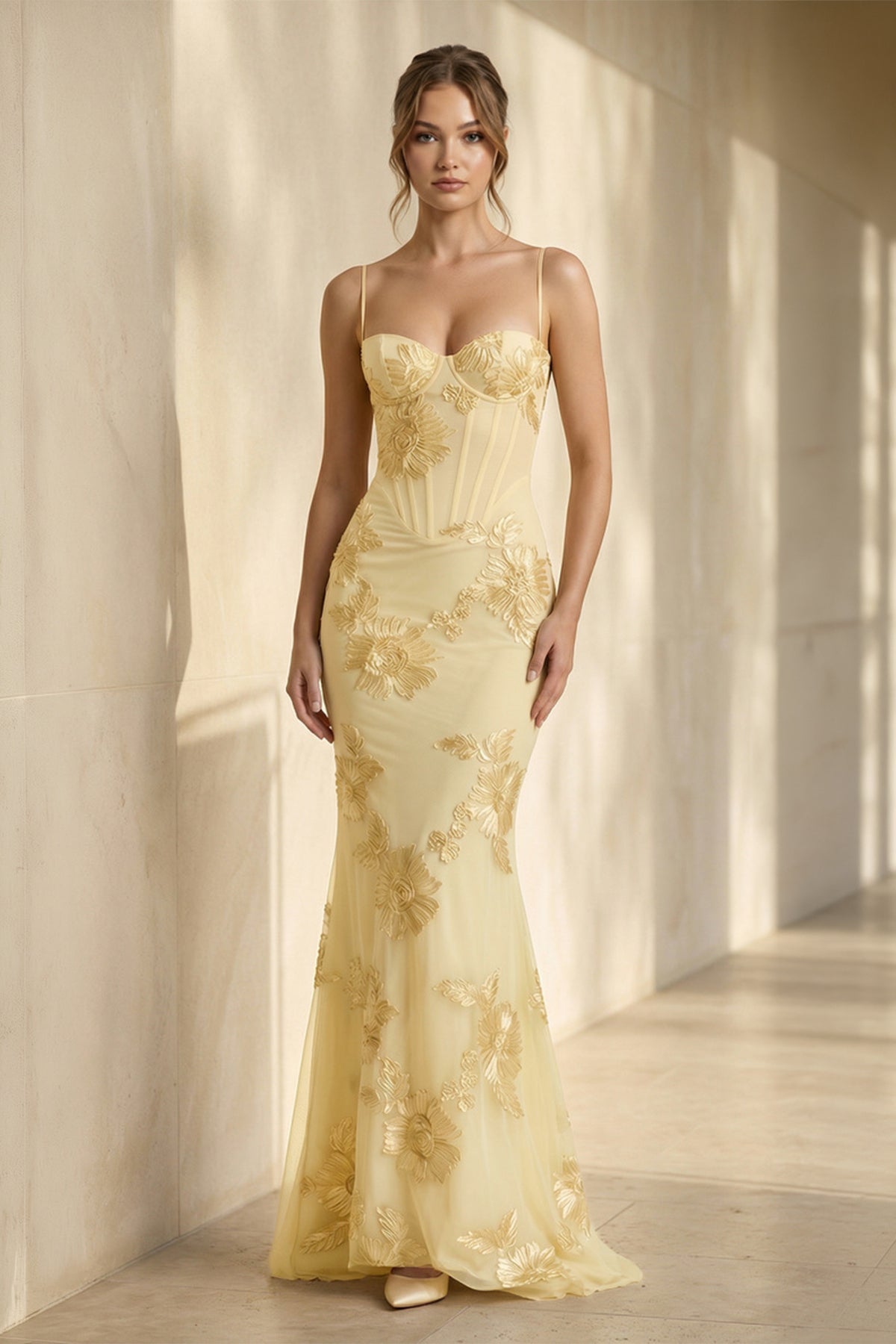 Spaghetti Straps Sheath Maxi Dress With Floral Embroidery in Yellow - Seldom Seen Styles