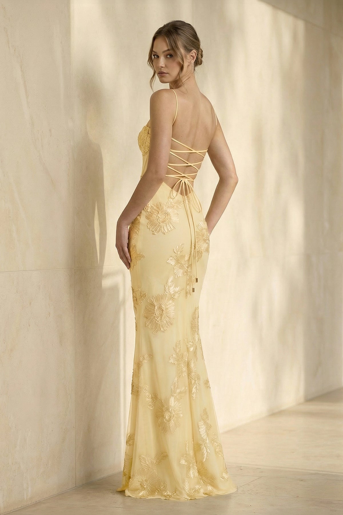 Spaghetti Straps Sheath Maxi Dress With Floral Embroidery in Yellow - Seldom Seen Styles