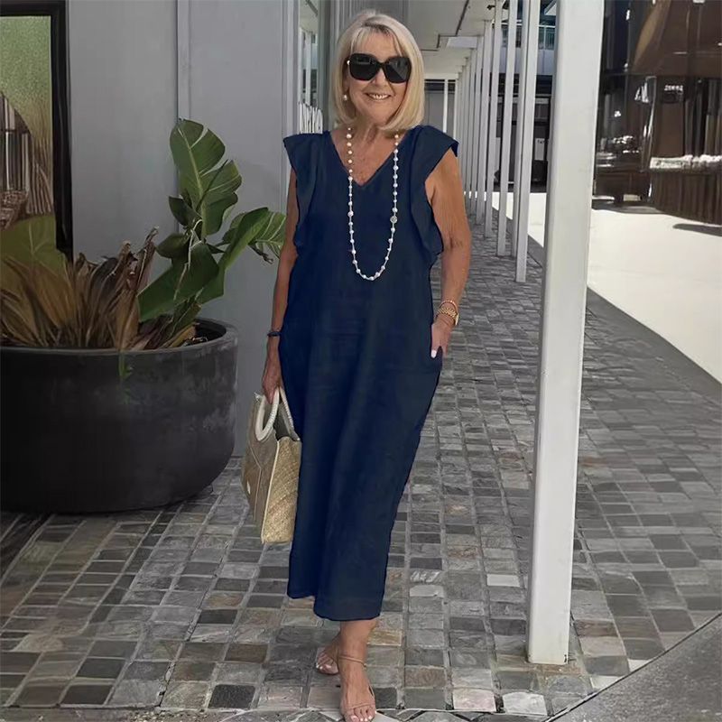 Women Linen Maxi Dress V Neck Ruffle Sleeve Tie Back Cotton Long Dresses with Pocket - Seldom Seen Styles