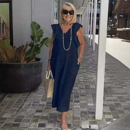 Women Linen Maxi Dress V Neck Ruffle Sleeve Tie Back Cotton Long Dresses with Pocket