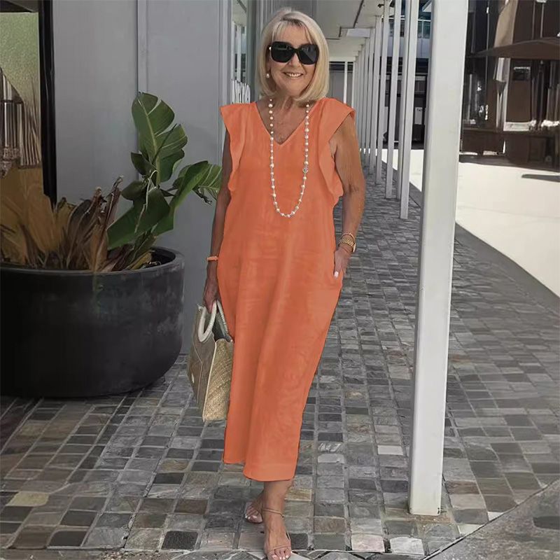 Women Linen Maxi Dress V Neck Ruffle Sleeve Tie Back Cotton Long Dresses with Pocket - Seldom Seen Styles