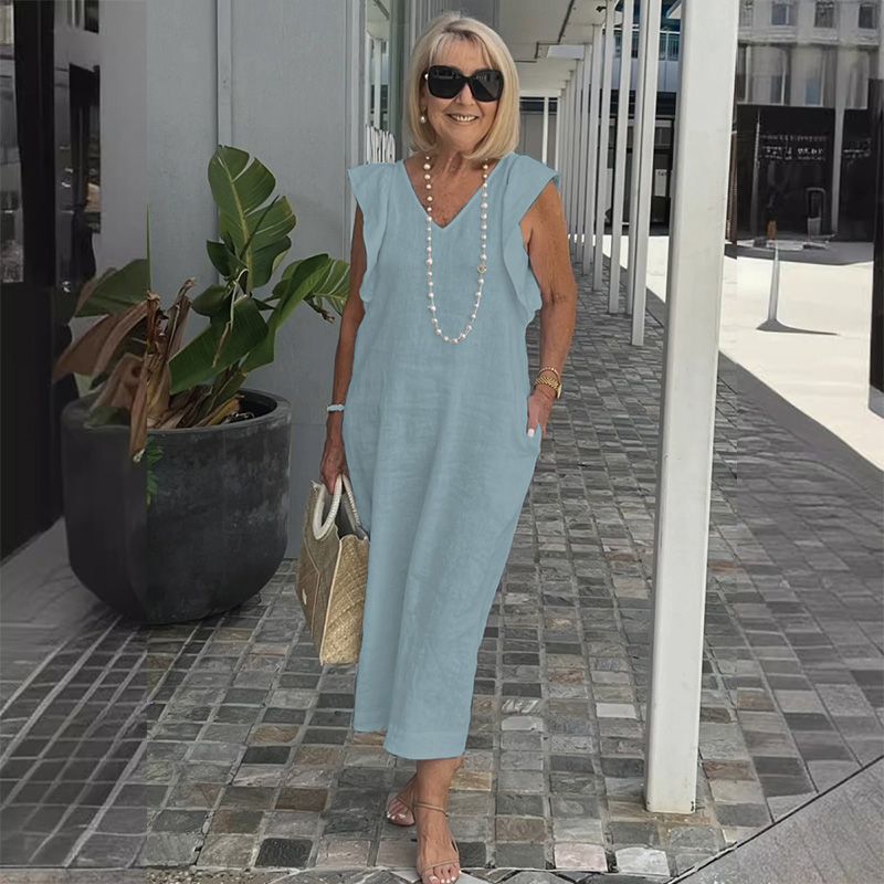 Women Linen Maxi Dress V Neck Ruffle Sleeve Tie Back Cotton Long Dresses with Pocket - Seldom Seen Styles