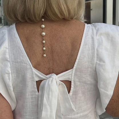 Women Linen Maxi Dress V Neck Ruffle Sleeve Tie Back Cotton Long Dresses with Pocket