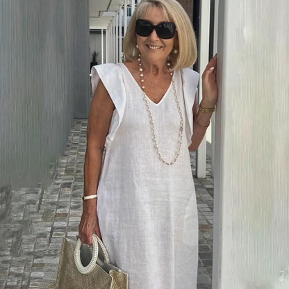 Women Linen Maxi Dress V Neck Ruffle Sleeve Tie Back Cotton Long Dresses with Pocket