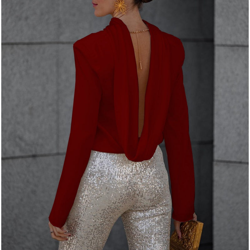 Secret of Elegance Satin Back Chain Cowl Neck Draped Blouse - Seldom Seen Styles