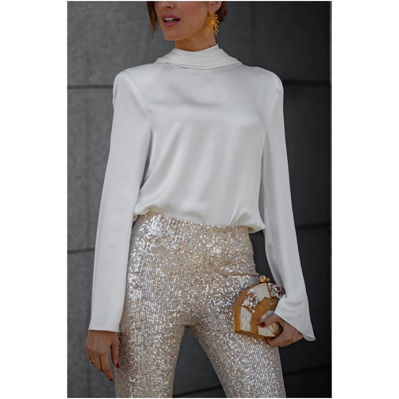 Secret of Elegance Satin Back Chain Cowl Neck Draped Blouse - Seldom Seen Styles