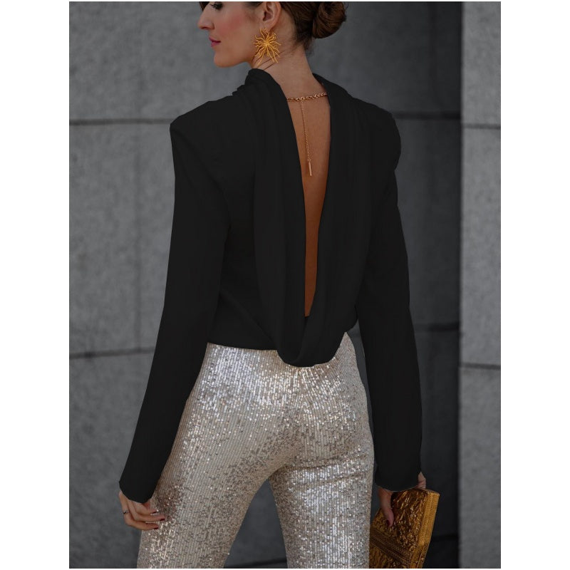 Secret of Elegance Satin Back Chain Cowl Neck Draped Blouse - Seldom Seen Styles