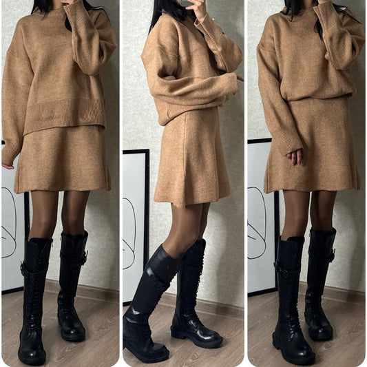 Women's casual knitted sweater skirt suit versatile college style sweet solid color 2-piece new autumn - Seldom Seen Styles