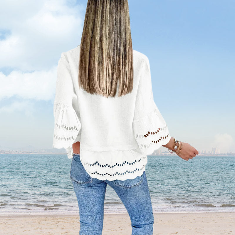 Solid Lapel Flared Sleeve Cutout Hem Blouse - Seldom Seen Styles
