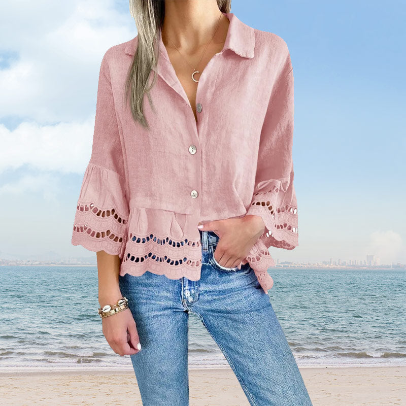 Solid Lapel Flared Sleeve Cutout Hem Blouse - Seldom Seen Styles