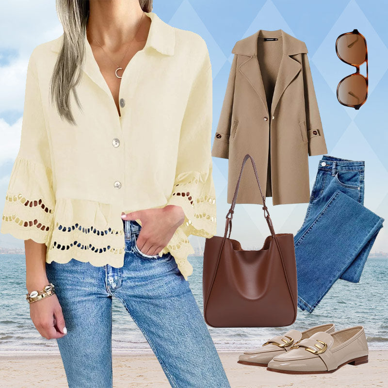 Solid Lapel Flared Sleeve Cutout Hem Blouse - Seldom Seen Styles