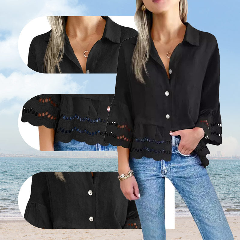 Solid Lapel Flared Sleeve Cutout Hem Blouse - Seldom Seen Styles