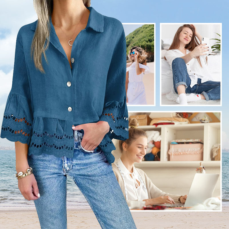 Solid Lapel Flared Sleeve Cutout Hem Blouse - Seldom Seen Styles