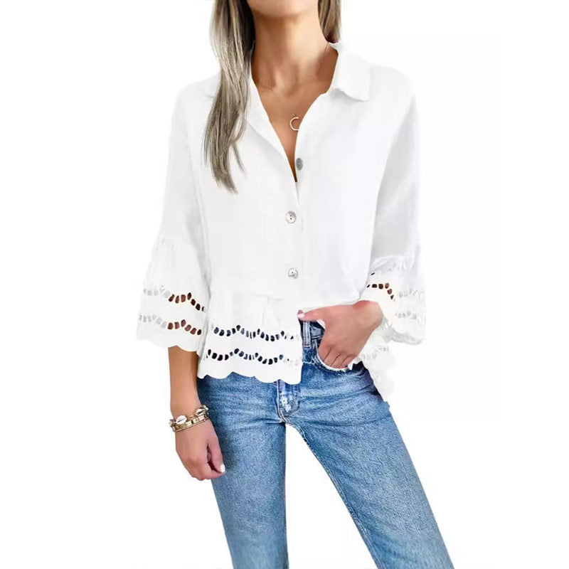 Solid Lapel Flared Sleeve Cutout Hem Blouse - Seldom Seen Styles