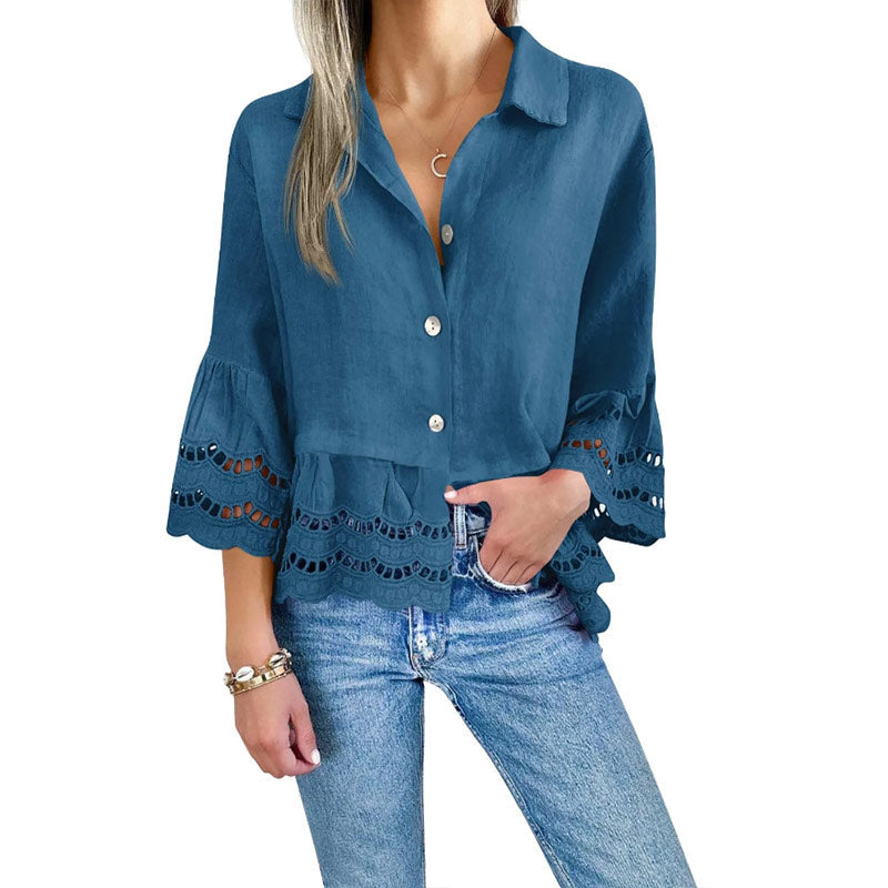 Solid Lapel Flared Sleeve Cutout Hem Blouse - Seldom Seen Styles