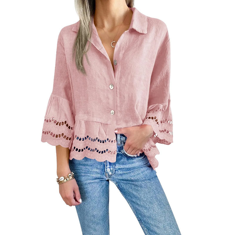 Solid Lapel Flared Sleeve Cutout Hem Blouse - Seldom Seen Styles