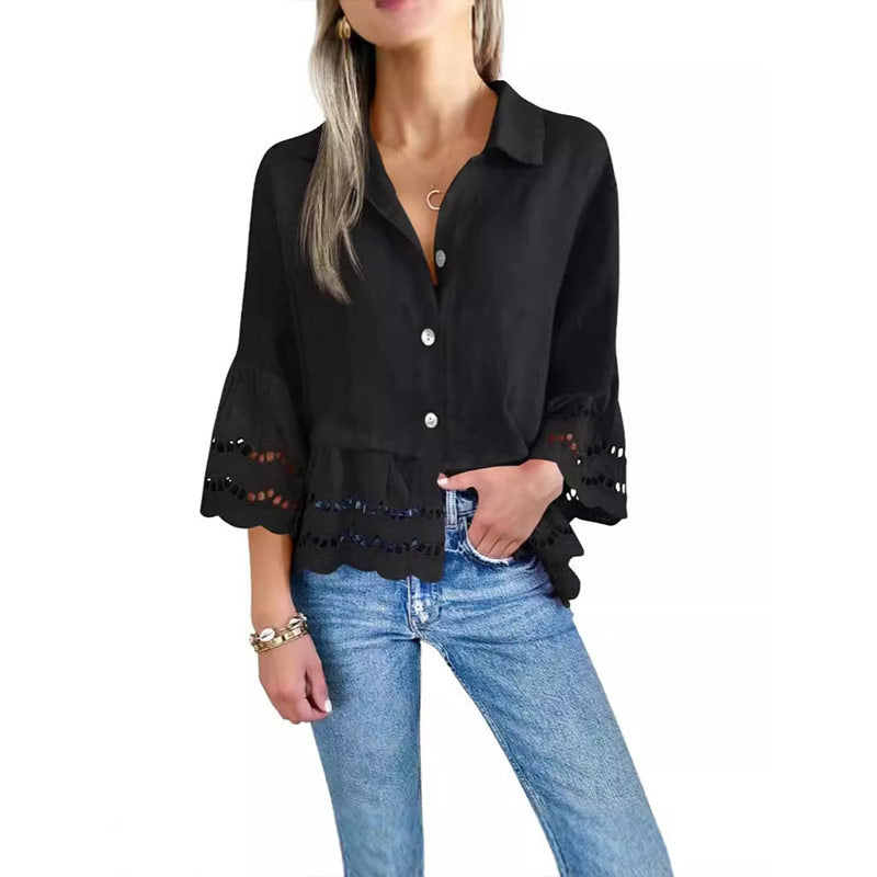 Solid Lapel Flared Sleeve Cutout Hem Blouse - Seldom Seen Styles