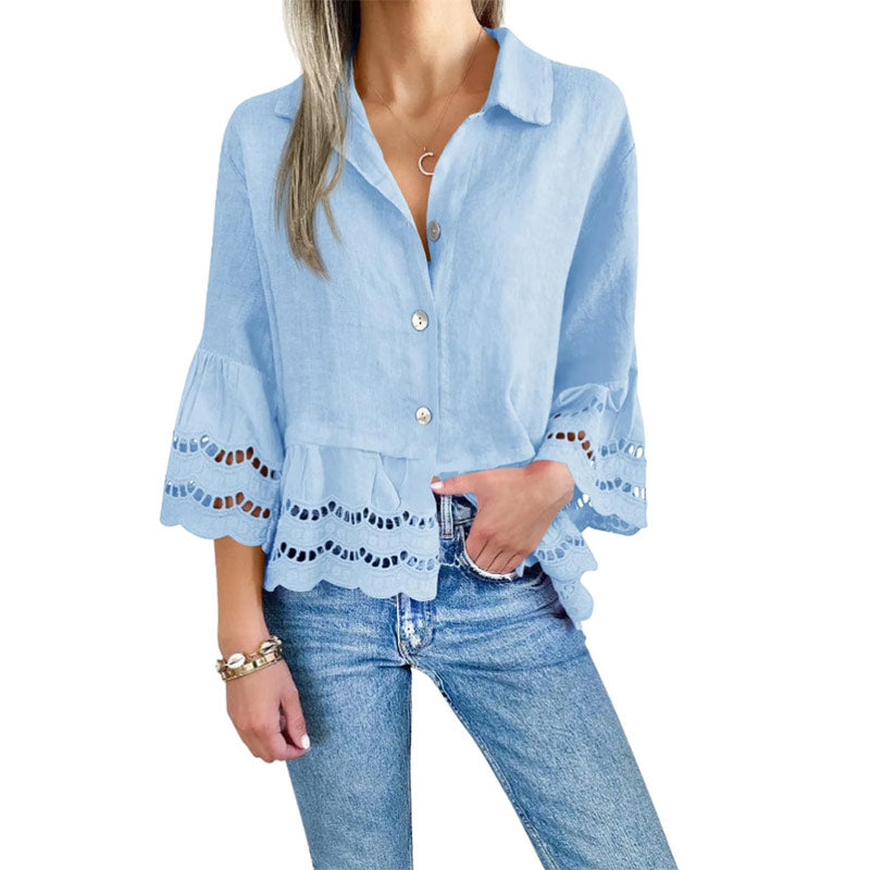 Solid Lapel Flared Sleeve Cutout Hem Blouse - Seldom Seen Styles