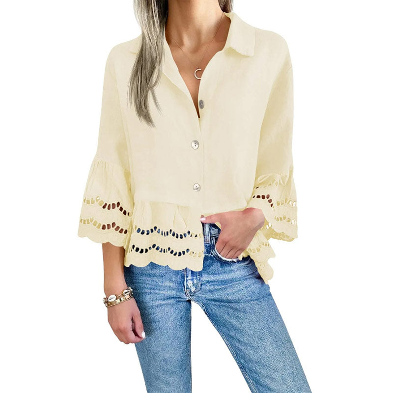Solid Lapel Flared Sleeve Cutout Hem Blouse - Seldom Seen Styles