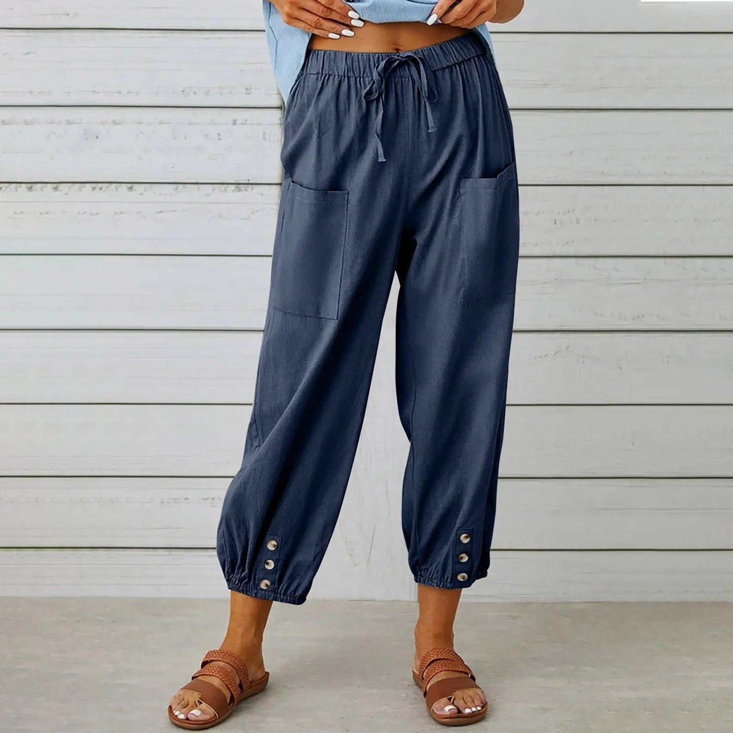 Women's Wide Leg Drawstring Capri Pants High Waist Elastic Casual Cotton Linen Summer Beach Vacation Pants | Boho Capri