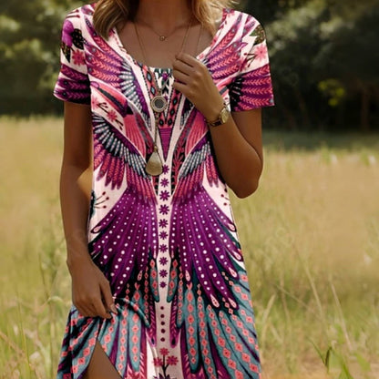Robe à manches courtes à imprimé paon et floral pour femmes