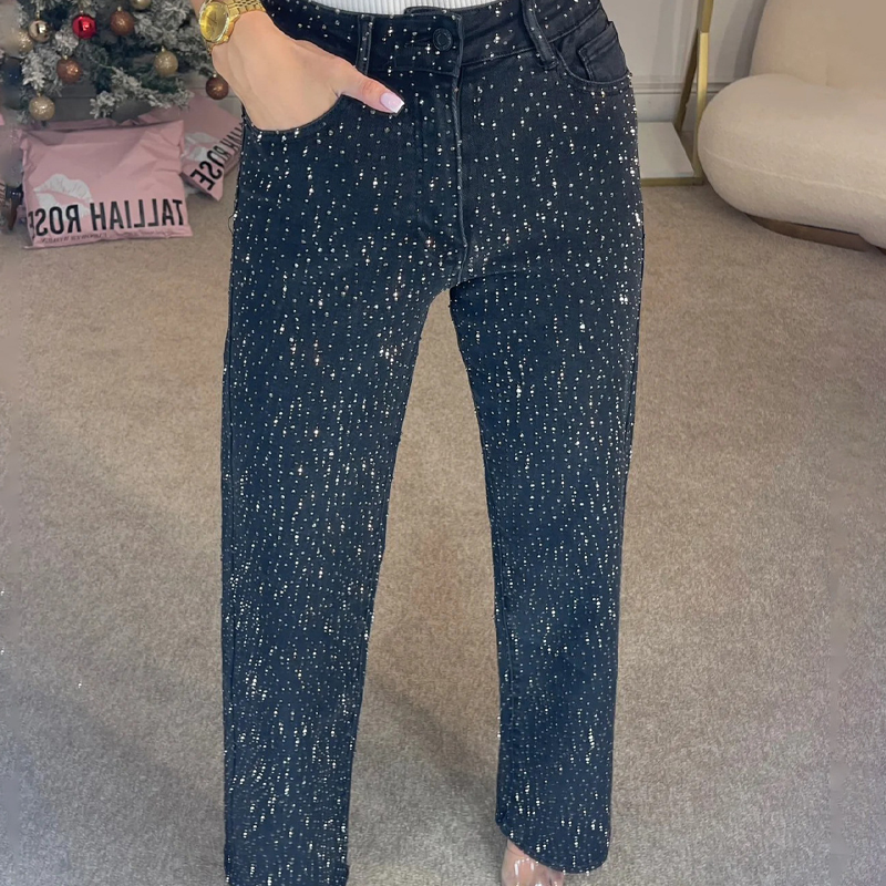 Straight leg jeans with rhinestones